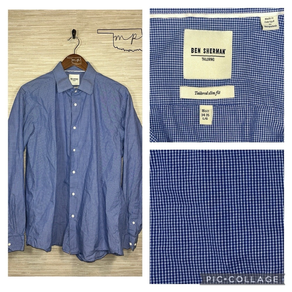 Ben Sherman Tailoring Mens Blue White Gingham Slim Fit Shirt 16.5 34/35 L/G
